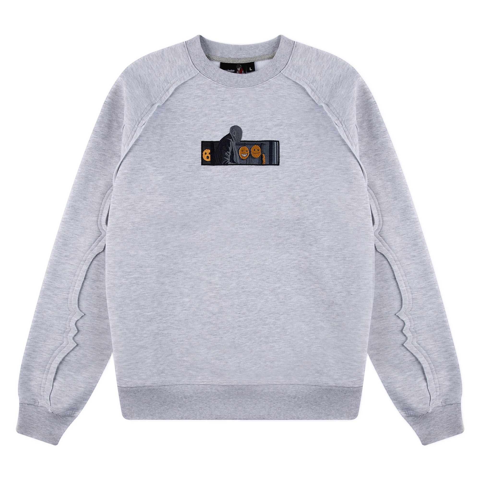 "faces" crewneck raw edged grey